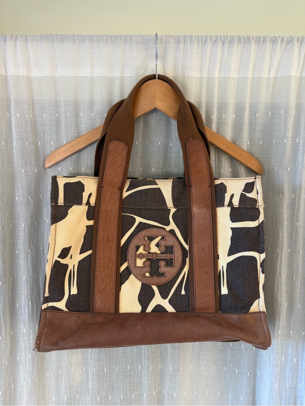 Tory Burch Brown and Cream Canvas Tote with Leather Trim